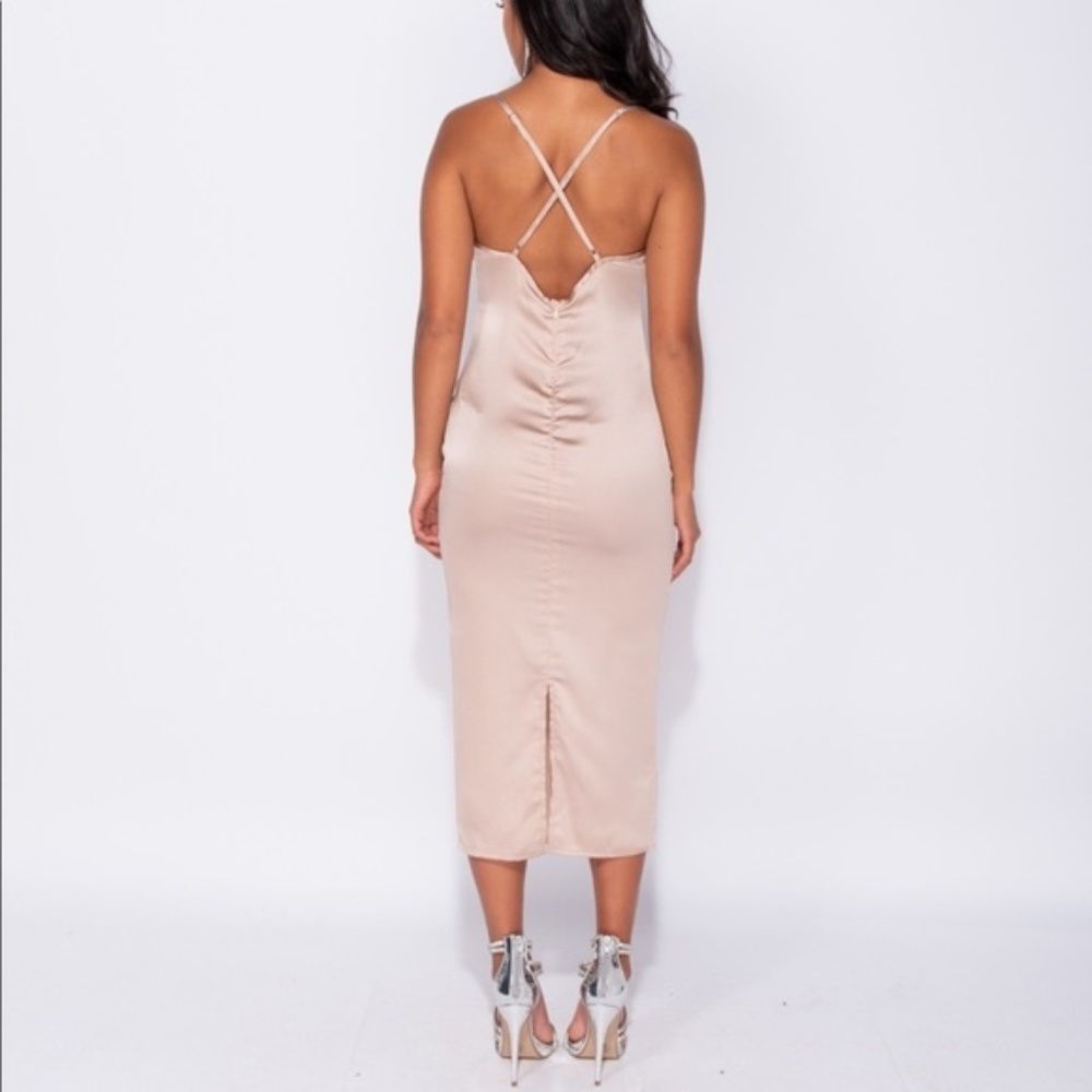 Kylie Nude Champagne Satin Cross Back Midi Dress - Picture 6 of 8